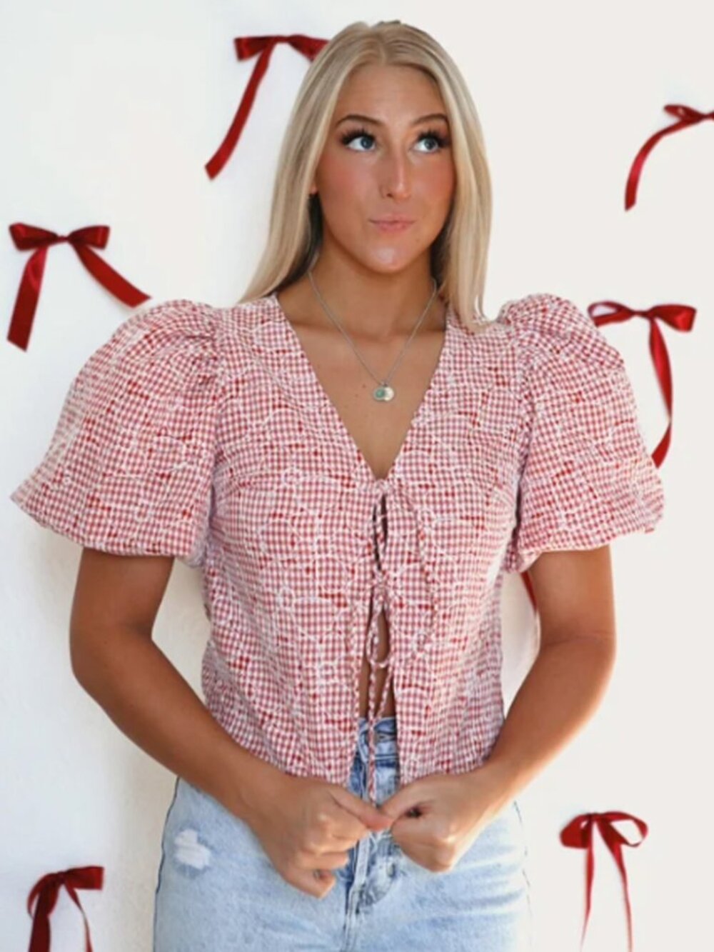 Adorable Red & White Gingham Embroidered Cottagecore Puff Sleeves Size L